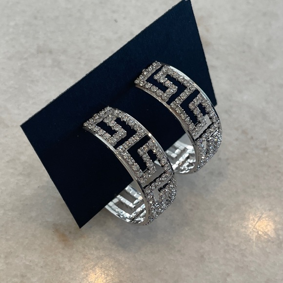 🆕 Silver Rhinestone Greek Key Large Med Hoop Earrings 1.5” with Box womens - Picture 3 of 8